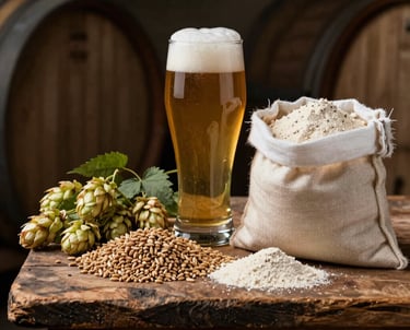 A glass of foaming craft beer alongside fresh hops and brewing grains on a rustic wooden table.