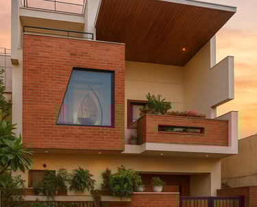 a house with a large window and a red brick wall