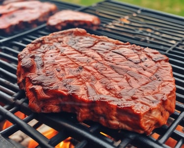 A thick, juicy slice of marbled meat is being grilled to brown perfection. The meat has a distinct pink and white marbling, showcasing its freshness and quality. It rests on a grill with other blurred food items in the background, suggesting a cooking process.