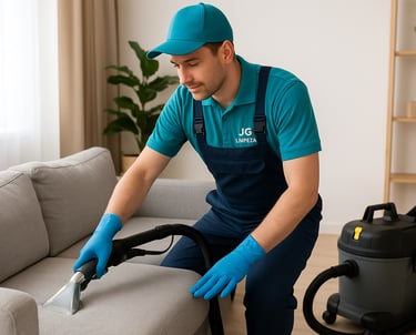 a man in a blue uniform cleaning a couch