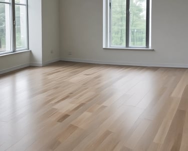 Four wooden planks are lying on a wooden floor. The planks have a natural, rustic finish, and two of them have screws partially embedded. The floor has a variegated pattern with a mix of light and dark brown tones.