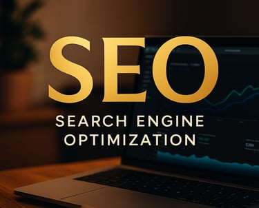 a laptop computer sitting on a desk with the words seo search engine optimization