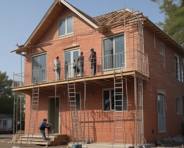 A building under renovation with extensive scaffolding surrounding its façade. The structure features classical architectural elements like ornate balconies and mansard roofs. Traffic barriers are placed at the base, indicating an active construction zone.