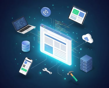 An image representing the internet inc. a laptop, smart phone, desktop, screw driver, hard drive etc