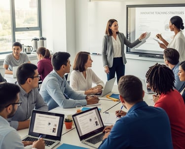 A facilitator , at a projector screen, talking to a group of adults engaged in professional learning
