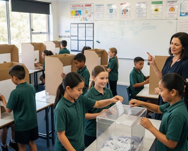 A teacher and a class of primary school students participating in a mock election for civics study