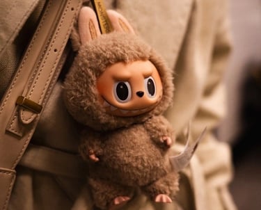 Labubu plush keychain handing from a backpack