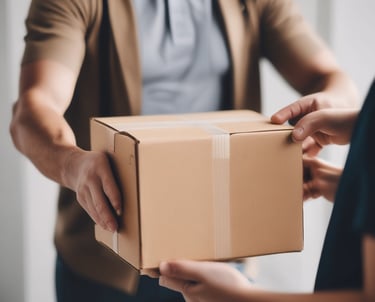 A delivery person carrying a package in an urban setting.