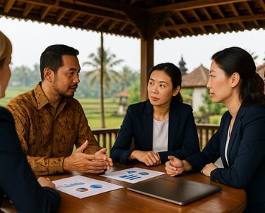 a group of people sitting around a table discuss business matchmaking
