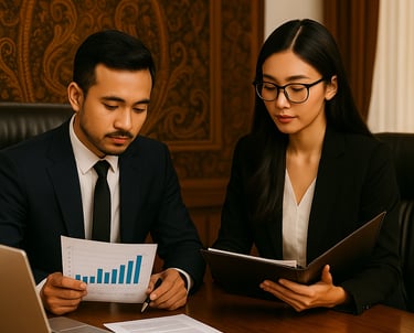 Two professionals in navy suits holding financial charts and legal documents in a batik-patterned se