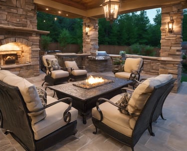 a patio with a fire pit and chairs