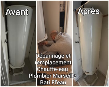 Avant et après urgence, dépannage d'un chauffe-eau par un plombier professionnel à Marseille.