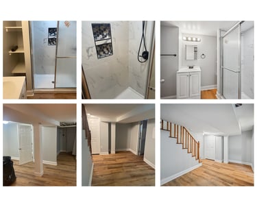 photos of a new bathroom and newly finished basement in a rental property