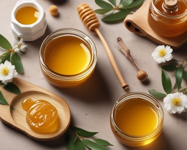 a honey dip being poured into a wooden bowl