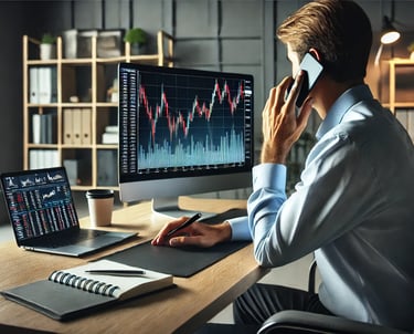 professional office setting with a person sitting at a desk, phone, office setup, laptop & notepad