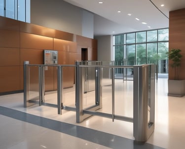 A modern office space with advanced technology equipment and a digital attendance system.
