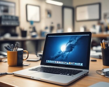 A workbench is cluttered with technology repair tools and disassembled electronic devices. Multiple laptops are open, and an overhead lamp provides focused lighting on the workspace. A backpack sits at the back, amidst a disarray of tools such as screwdrivers, a utility knife, and an organized box of small components. Various pieces of electronic hardware and circuit boards are spread out on the table.