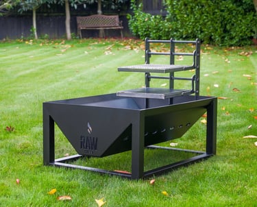 Rawsteelco steel firepit with cooking grates and rotissorie