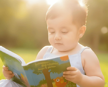 Cute baby reading story book 
