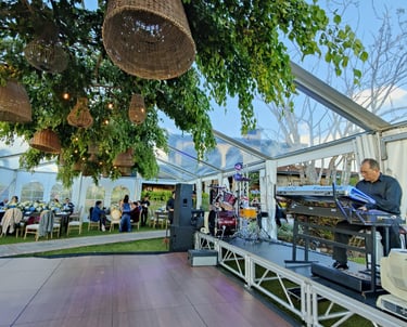 pianista sobre escenario bajo una tolda transparente con decoracion floral colgante