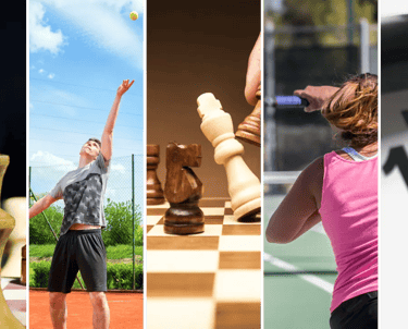 a collage mixing chess and tennis actions