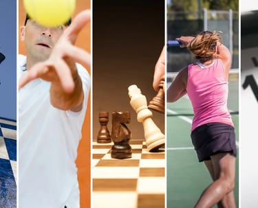 a collage mixing chess and tennis actions