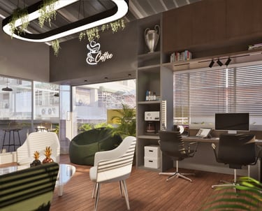 Interior Design of an Office, with cozy furniture, wide openings for natural light to enter