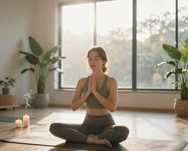 A serene yoga instructor guiding a small group in a sunlit studio with soft sage green accents.
