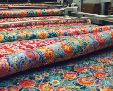 A fashion retail display features mannequins dressed in vibrant clothing. One mannequin wears a blue dress, while another is in an orange dress. Various accessories, such as handbags and shoes, are placed around the mannequins in a neatly arranged storefront. The backdrop includes paneling with artistic designs and muted lighting contributes to a chic ambiance.