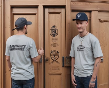 two men standing in front of a door