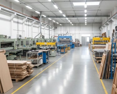 A wide and well-organized industrial workshop for manufacturing doors and frames.