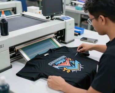 A screen printer using a squeegee to apply ink to a custom graphic t-shirt on a manual press.