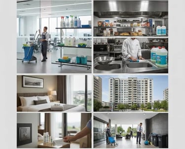 Commercial offices, hospitality, and food service environments supported by janitorial and facility supply services