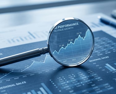 magnifying glass over charts and graphs
