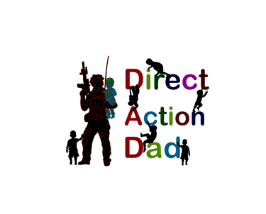 a man combat gear holding a rifle and a child with the words "Direct action Dad" 