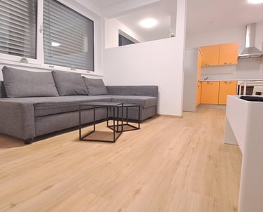 gemütliche Couch und vollausgestattete Küche in Vintage