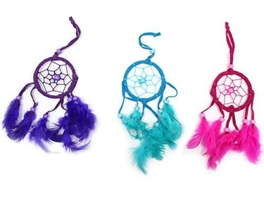 three different colored feathers on a white background