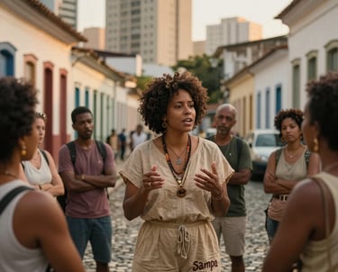 A vibrant street scene in São Paulo showcasing Afro-Brazilian cultural expressions during a guided tour.
