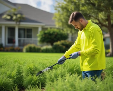 A professional landscaper performing garden maintenance.