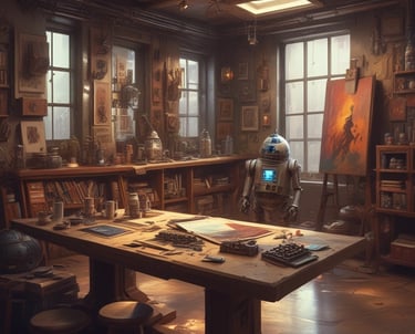 A droid making art in the back room of a cantina
