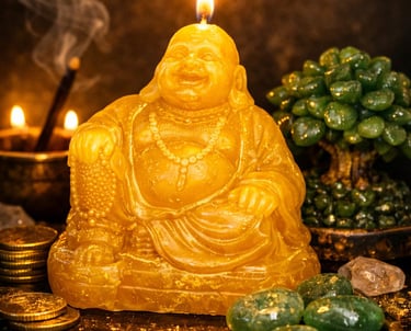 Esta vela representa el ritual del buda de la abundancia