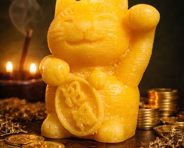Esta vela representa el ritual del gato de la fortuna