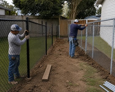 Professional contractors installing black and galvanized chain link fencing for a residential backyard.