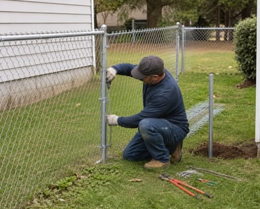 A professional contractor installs a galvanized steel chain link fence in a residential backyard.