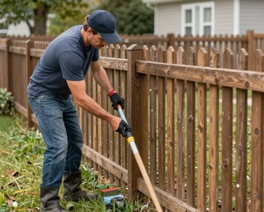 Professional fence contractor installing a new wooden picket fence in a residential backyard.