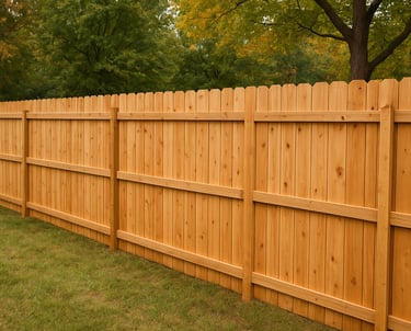 A high-quality cedar wood privacy fence installed in a backyard with green grass and autumn trees.
