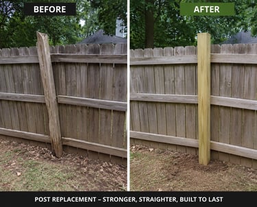 Before and after comparison of a rotten wood fence post replaced with a sturdy new pressure treated post.