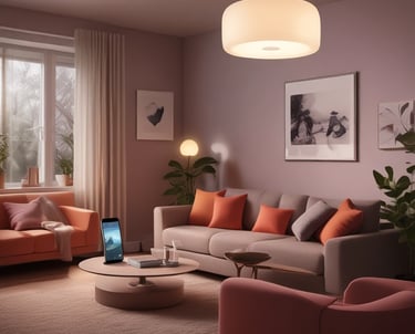A cozy living room with smart lamps creating different lighting scenes.