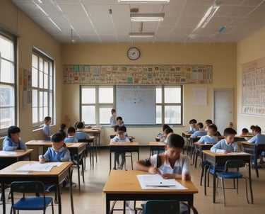 A vibrant classroom with students engaged in technology-based learning.