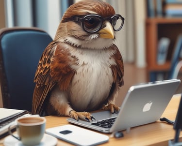 A professional sparrow, wearing glasses, conducting an SEO website audit.